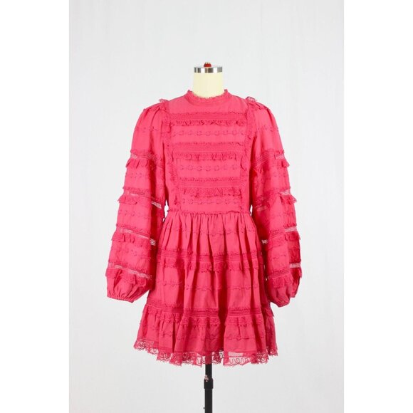 ULLA JOHNSON Amour Fuchsia Pink Cotton Lace Ruffle Balloon Sleeve Dress, Size 6 - Picture 4 of 16